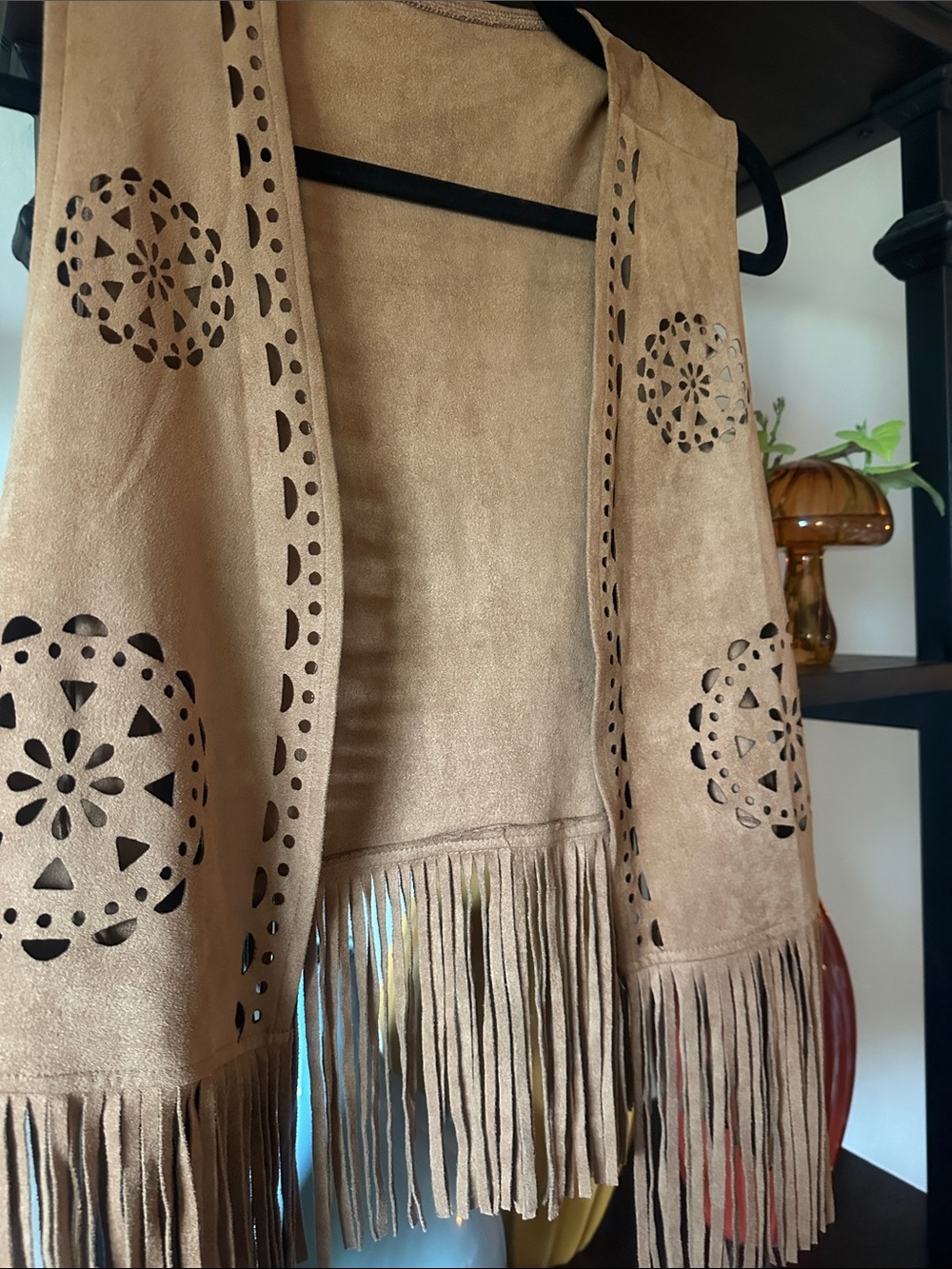 Medium Fringed Suede-Style Tan Vest with Laser-Cut Medallions